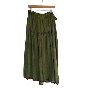 LOOK Inc Olive Green Purple Polka Dot Midi Skirt Women's Bohemian‎ Rayon XXL